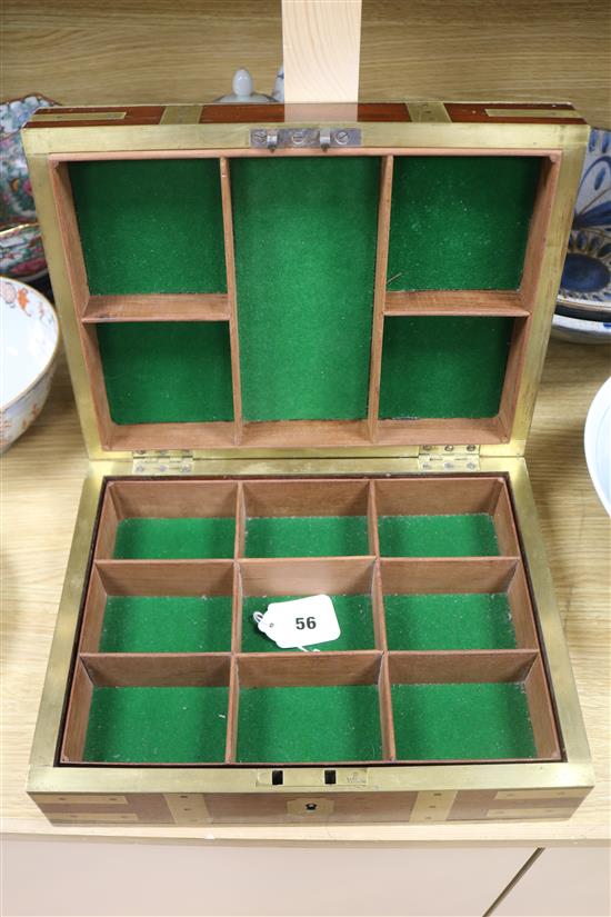 A 19th century mahogany and brass bound pistol box, adapted interior 25 x 33cm